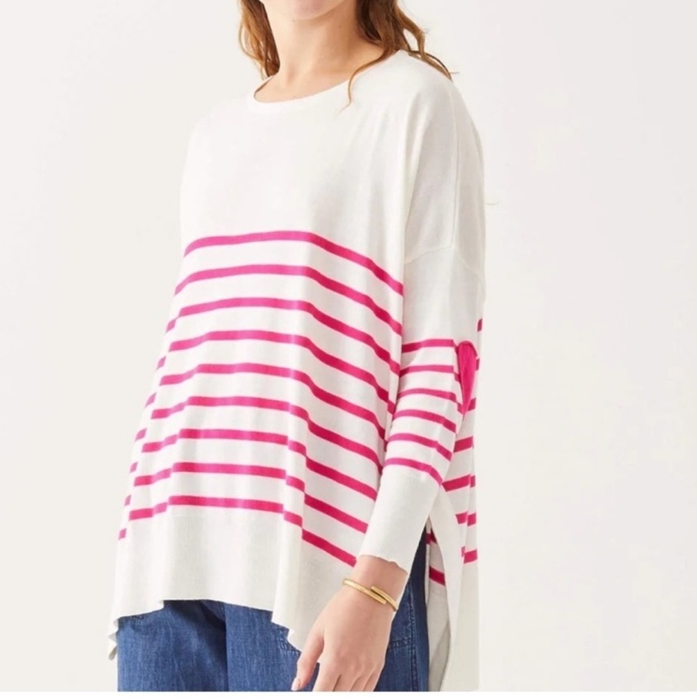Mersea Amour Stripe Sweater White Pink Hearts One Size Coastal Cozy Beach Travel